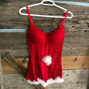 RED lace lingerie, white fuzzy trim size med